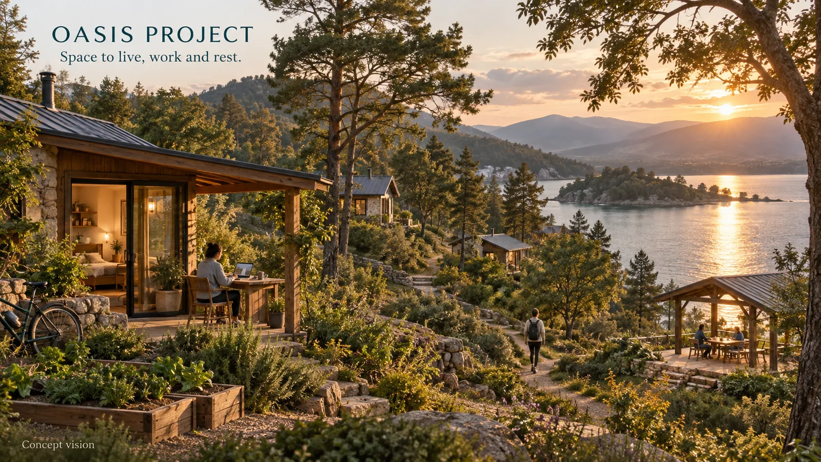 Oasis Project — a concept for small places close to nature, with private homes, space to work and optional shared areas.